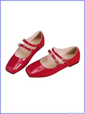 Patent Leather Mary Jane Flats Square Toe Buckle Strap Vintage Shoes